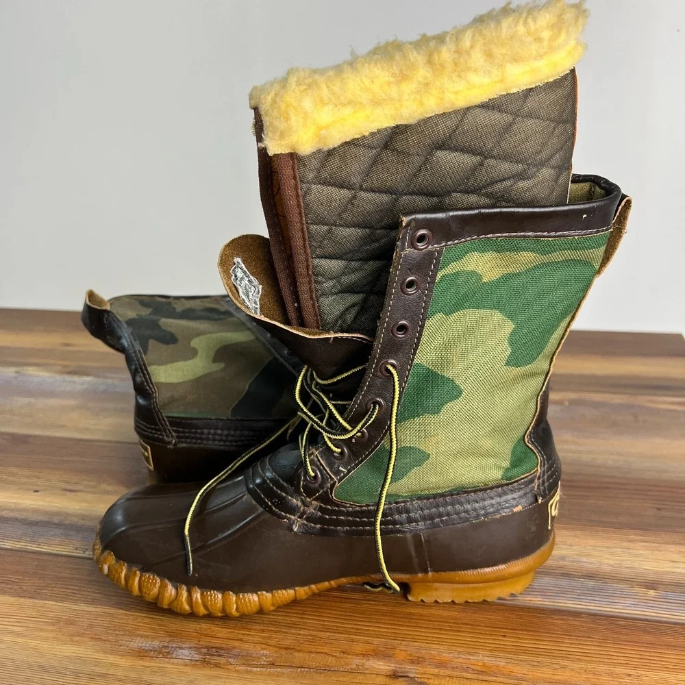 Vintage Chippewa USA Camo Duck Boots Mens 7M Shearling Lined Made USA 87862